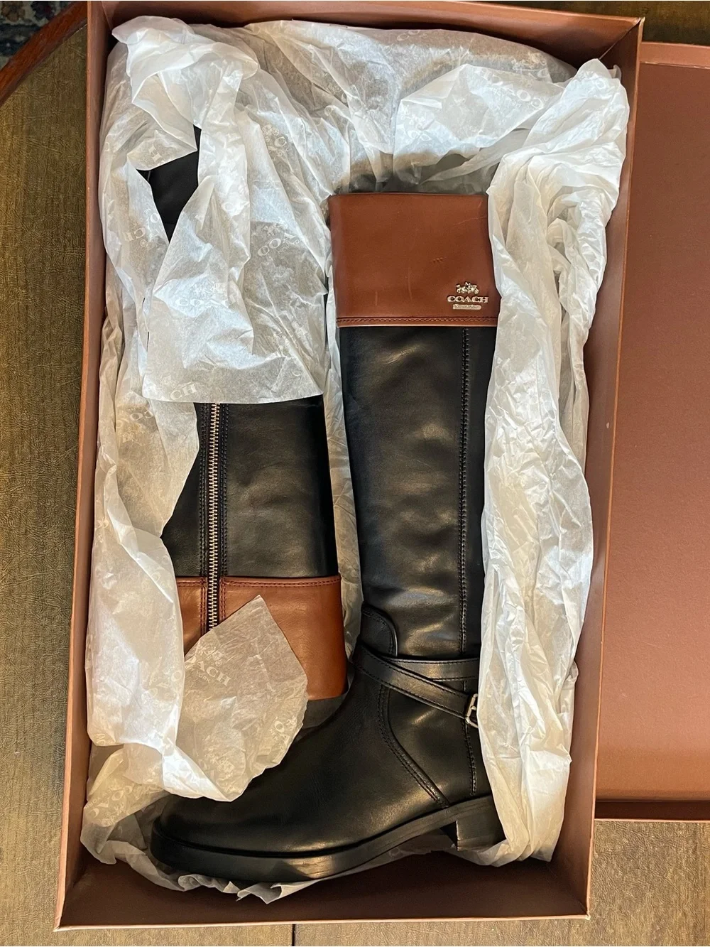 Coach Black Leather Tall Riding Boots with Brown Cuff - Picture 6 of 6